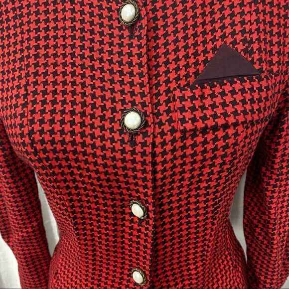 VINTAGE Red Houndstooth Button Down Dress - Picture 5 of 9